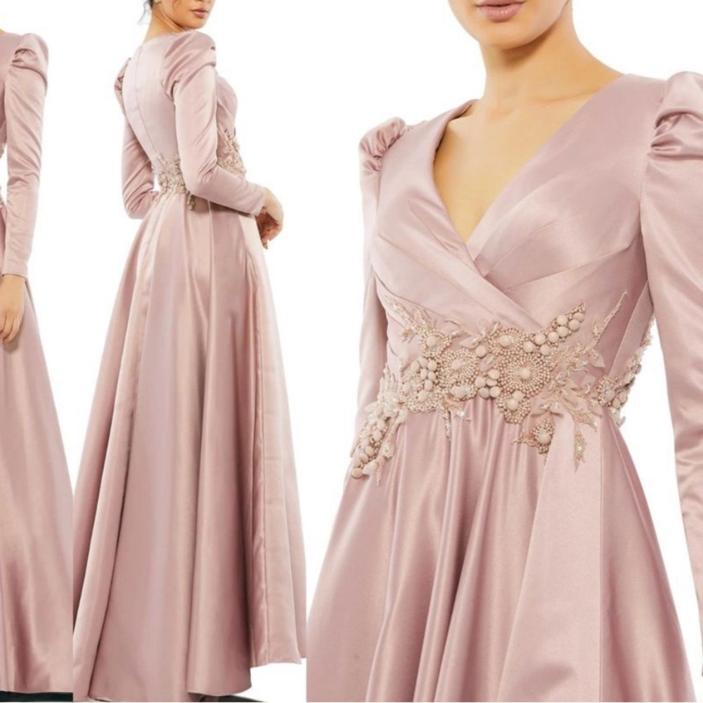 NWT $798 Mac Duggal [ 6 ] Long Sleeve‎ Embellished Waist Gown in Rose Pink G1648